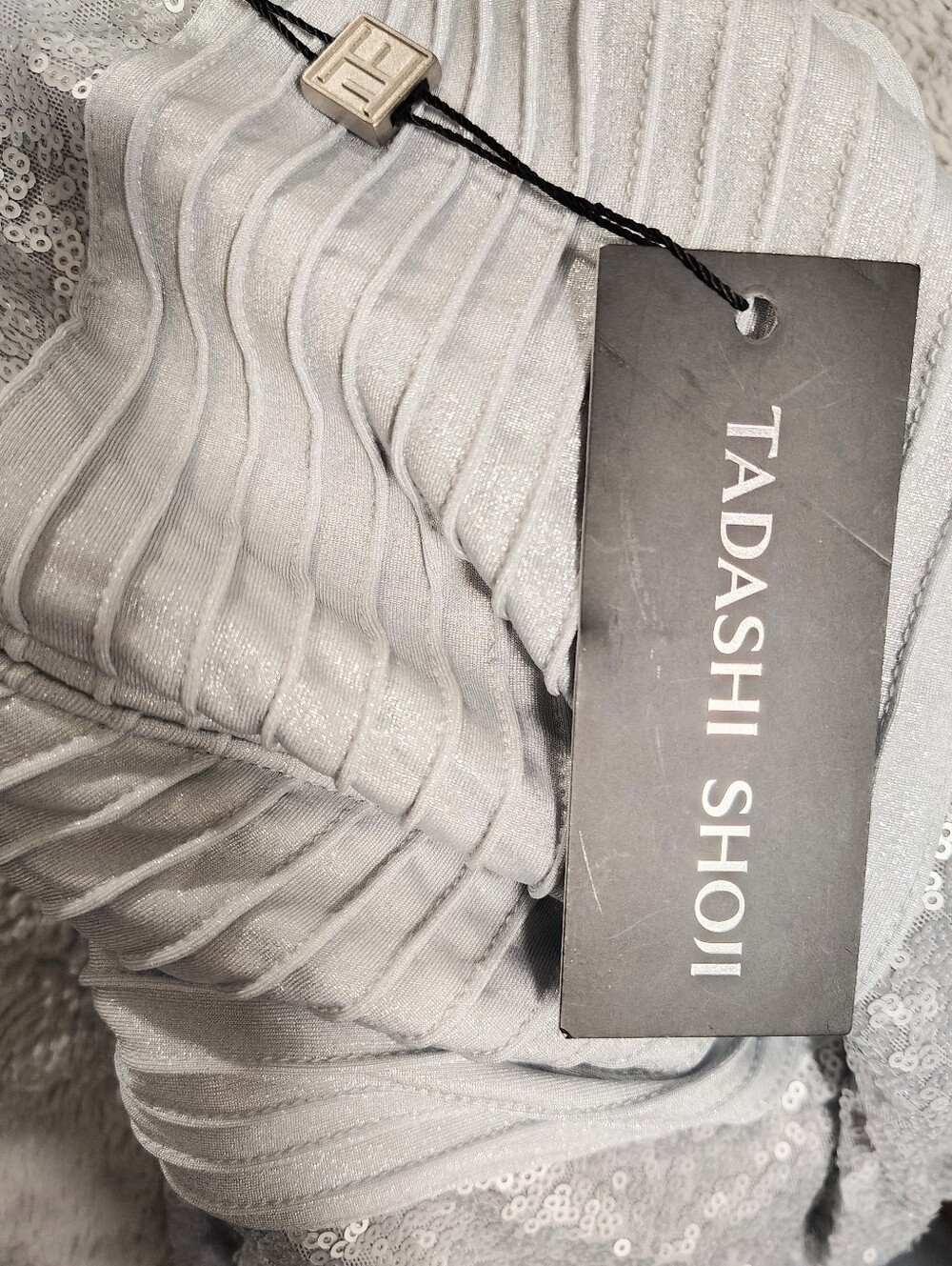 NWT $558 Tadashi Shoji Parma Draped Sequin Gown Silver Women's Medium Evening - Picture 9 of 12